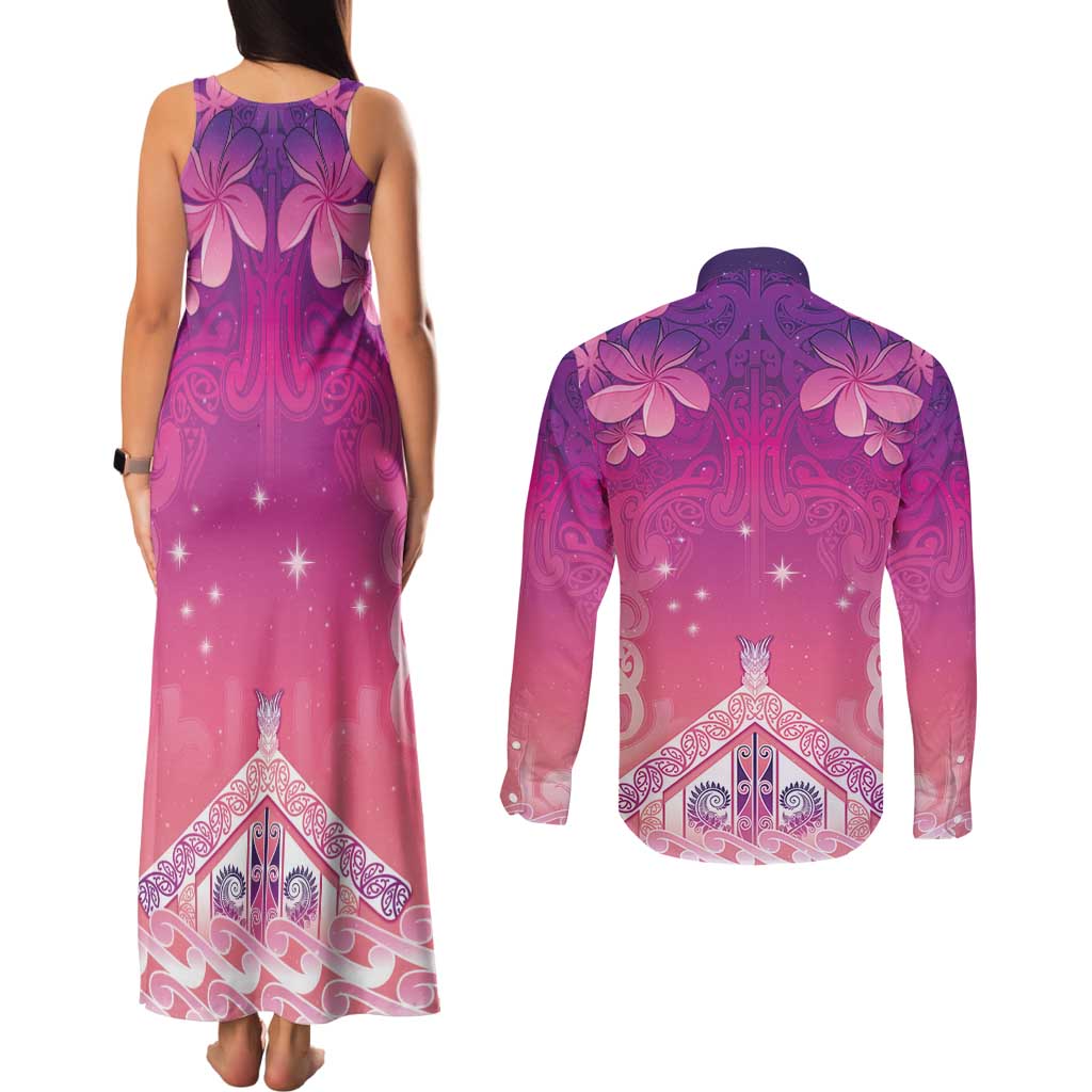 New Zealand Matariki Couples Matching Tank Maxi Dress and Long Sleeve Button Shirt Maori Marae Purple Galaxy LT05 - Polynesian Pride