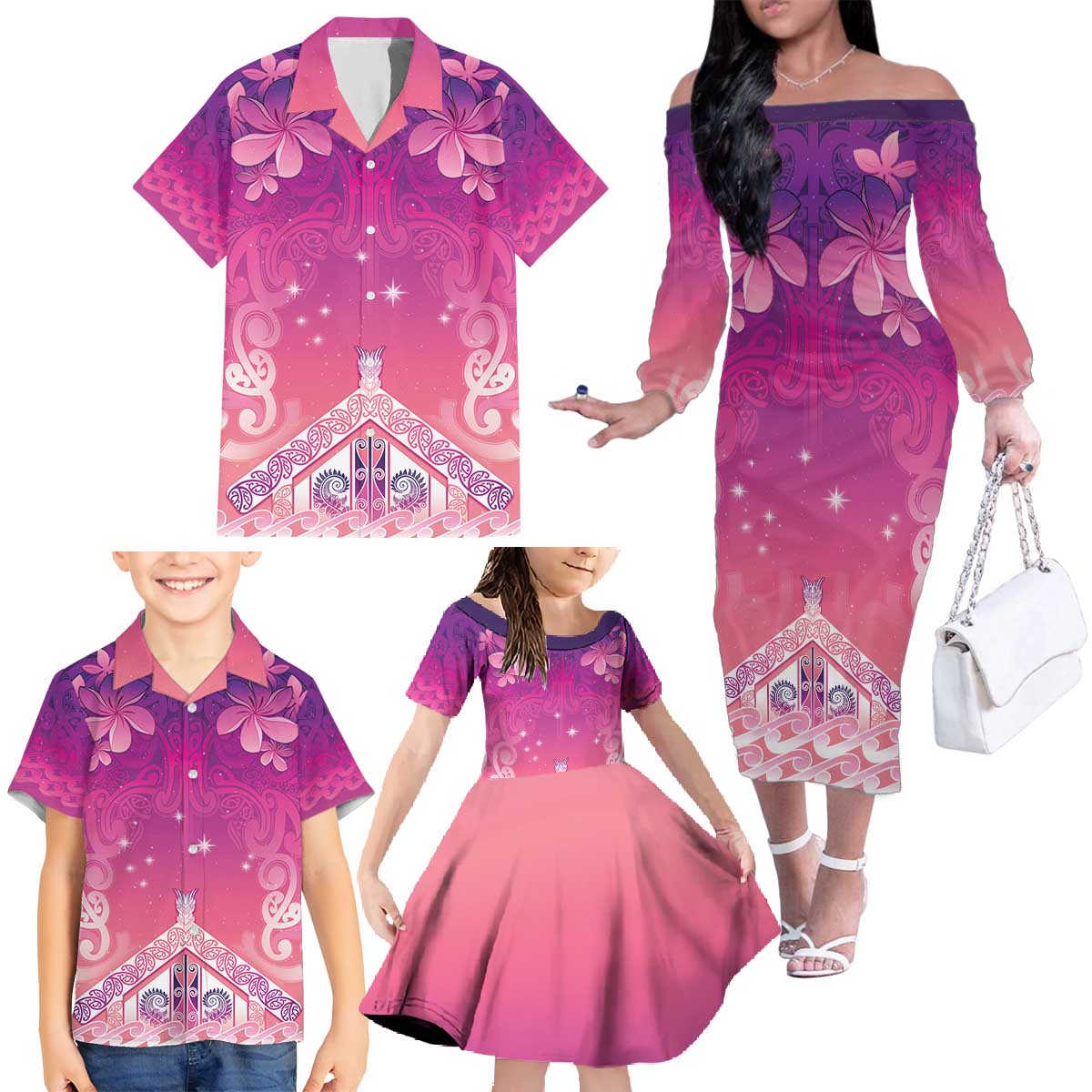 New Zealand Matariki Family Matching Off The Shoulder Long Sleeve Dress and Hawaiian Shirt Maori Marae Purple Galaxy LT05 - Polynesian Pride