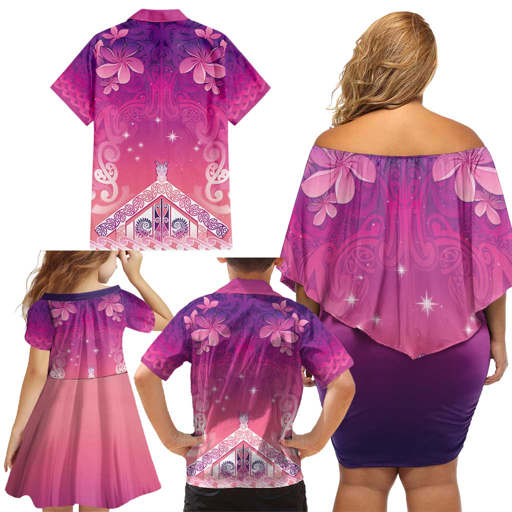New Zealand Matariki Family Matching Off Shoulder Short Dress and Hawaiian Shirt Maori Marae Purple Galaxy LT05 - Polynesian Pride