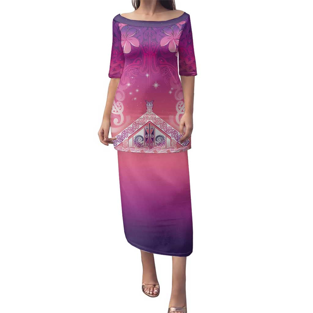 New Zealand Matariki Family Matching Puletasi and Hawaiian Shirt Maori Marae Purple Galaxy LT05 Mom's Dress Purple - Polynesian Pride