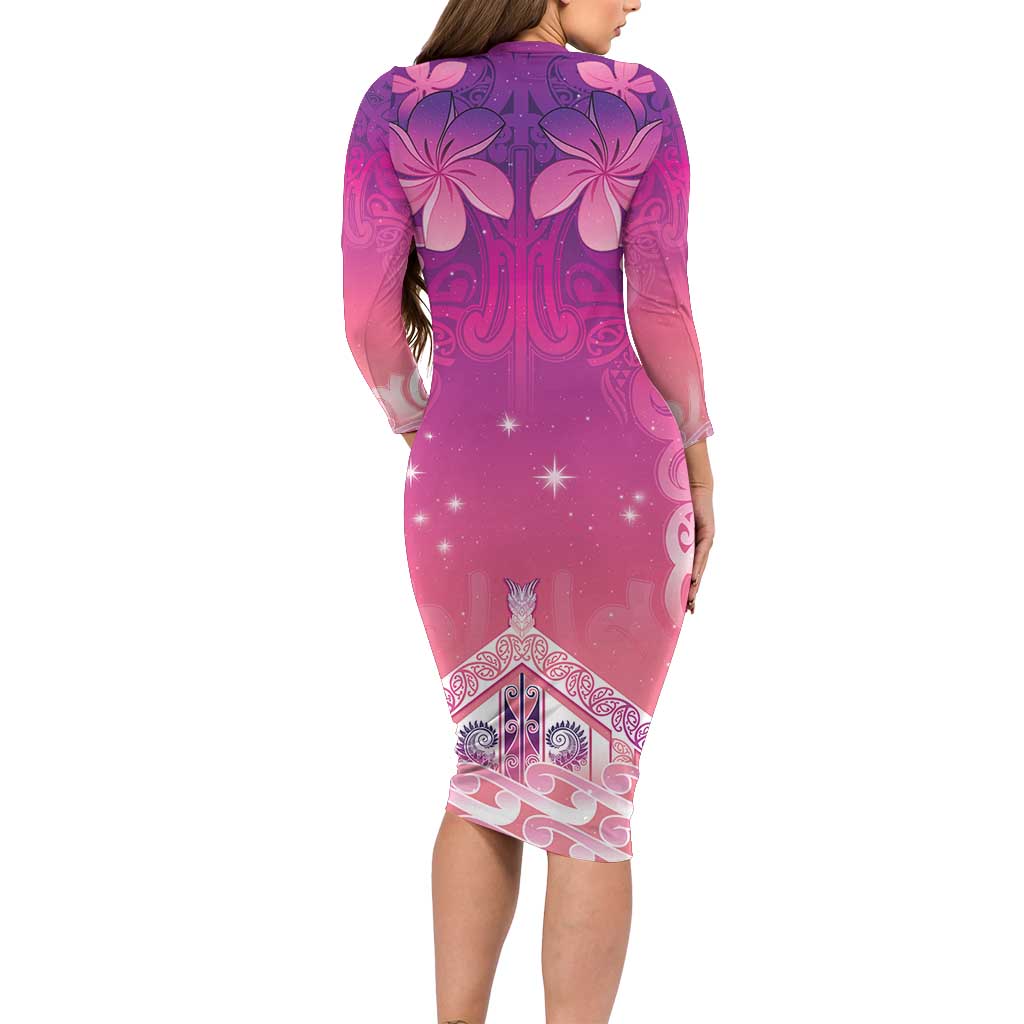 New Zealand Matariki Long Sleeve Bodycon Dress Maori Marae Purple Galaxy LT05 - Polynesian Pride