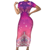 New Zealand Matariki Short Sleeve Bodycon Dress Maori Marae Purple Galaxy LT05 Long Dress Purple - Polynesian Pride