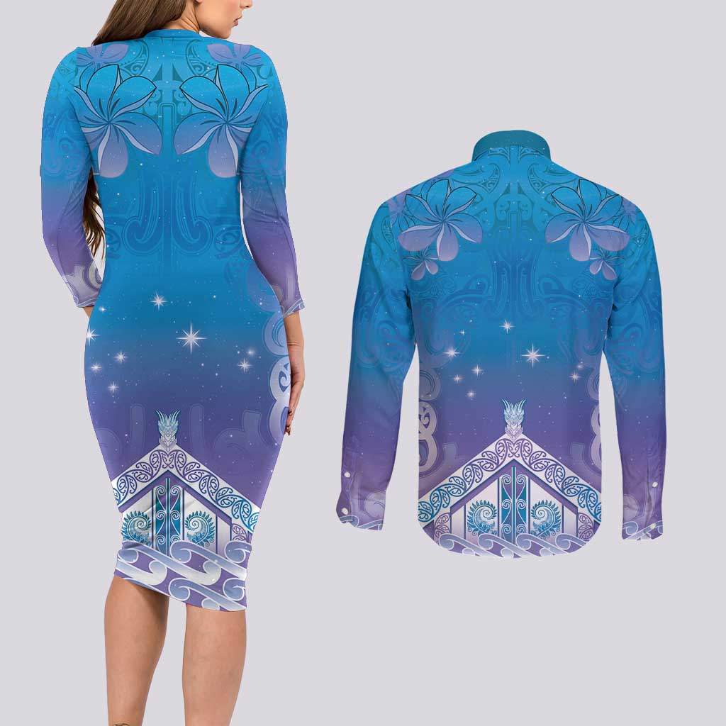 New Zealand Matariki Couples Matching Long Sleeve Bodycon Dress and Long Sleeve Button Shirt Maori Marae Cyan Galaxy LT05 - Polynesian Pride
