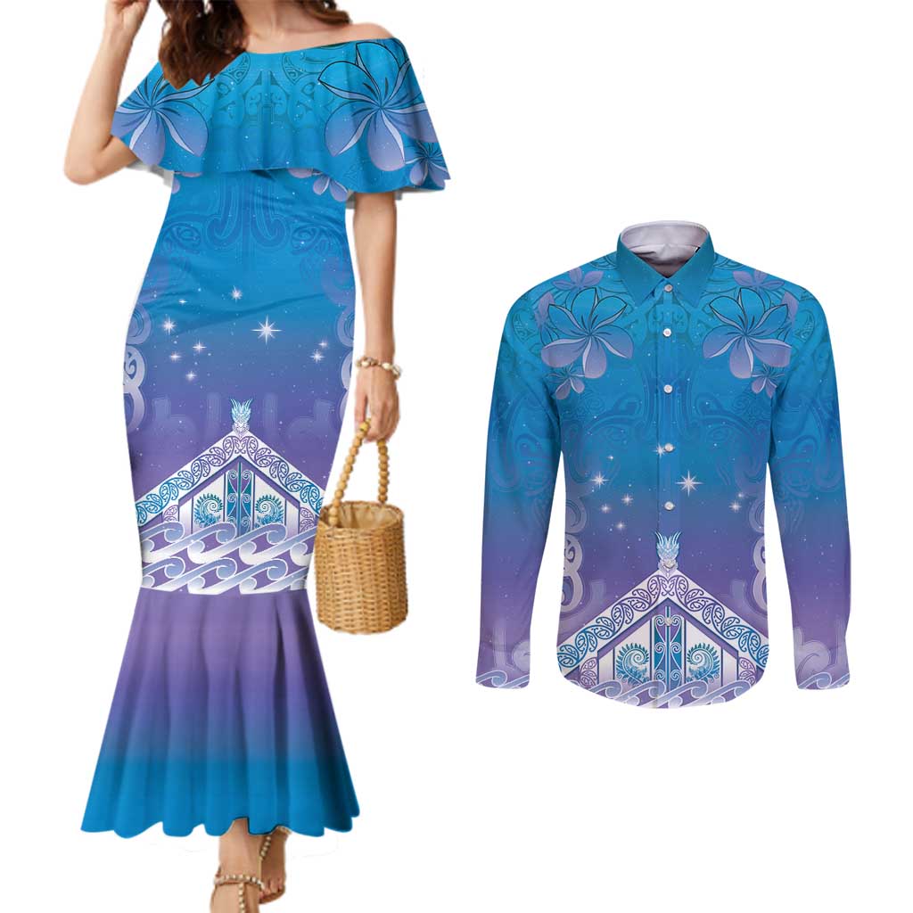 New Zealand Matariki Couples Matching Mermaid Dress and Long Sleeve Button Shirt Maori Marae Cyan Galaxy LT05 Cyan - Polynesian Pride