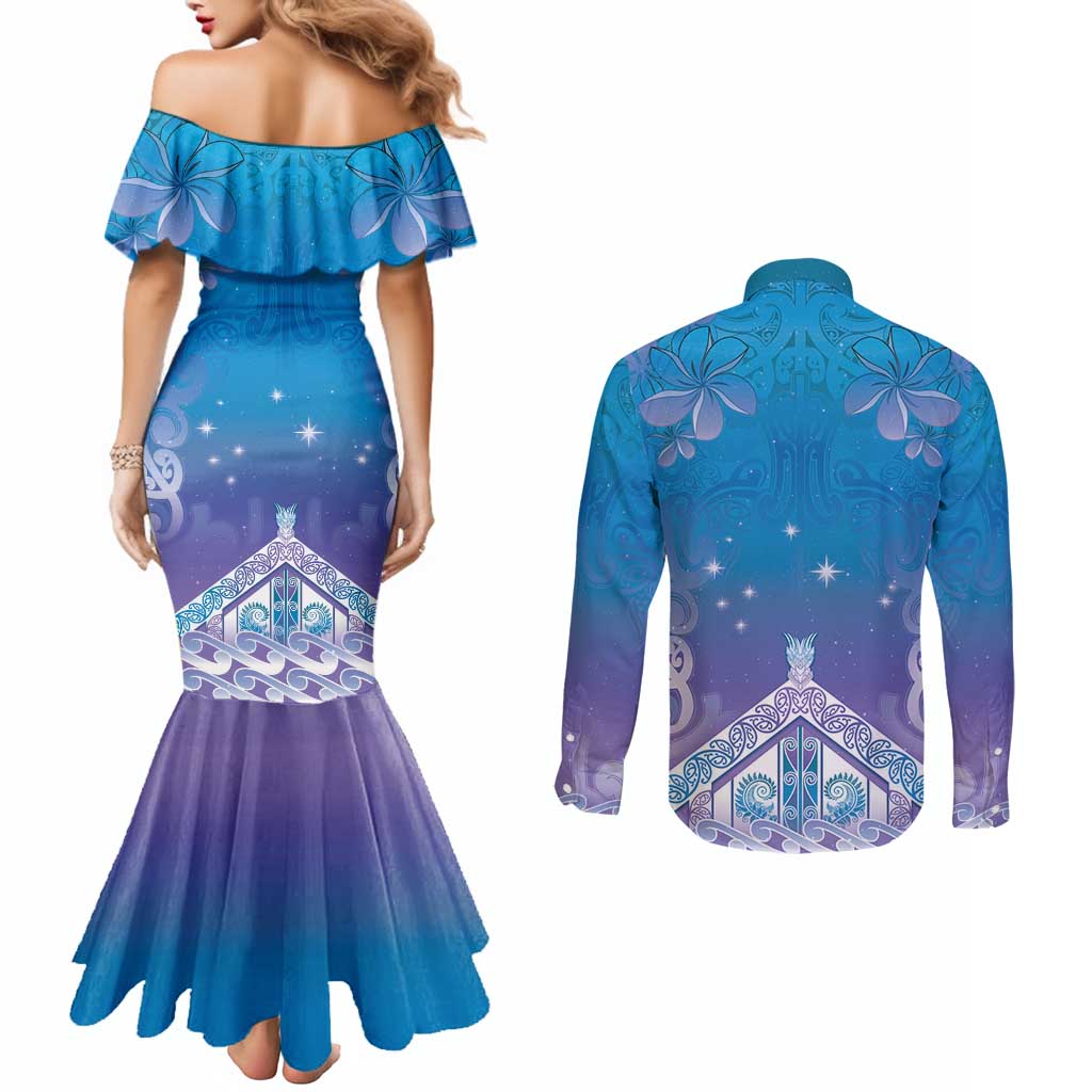 New Zealand Matariki Couples Matching Mermaid Dress and Long Sleeve Button Shirt Maori Marae Cyan Galaxy LT05 - Polynesian Pride