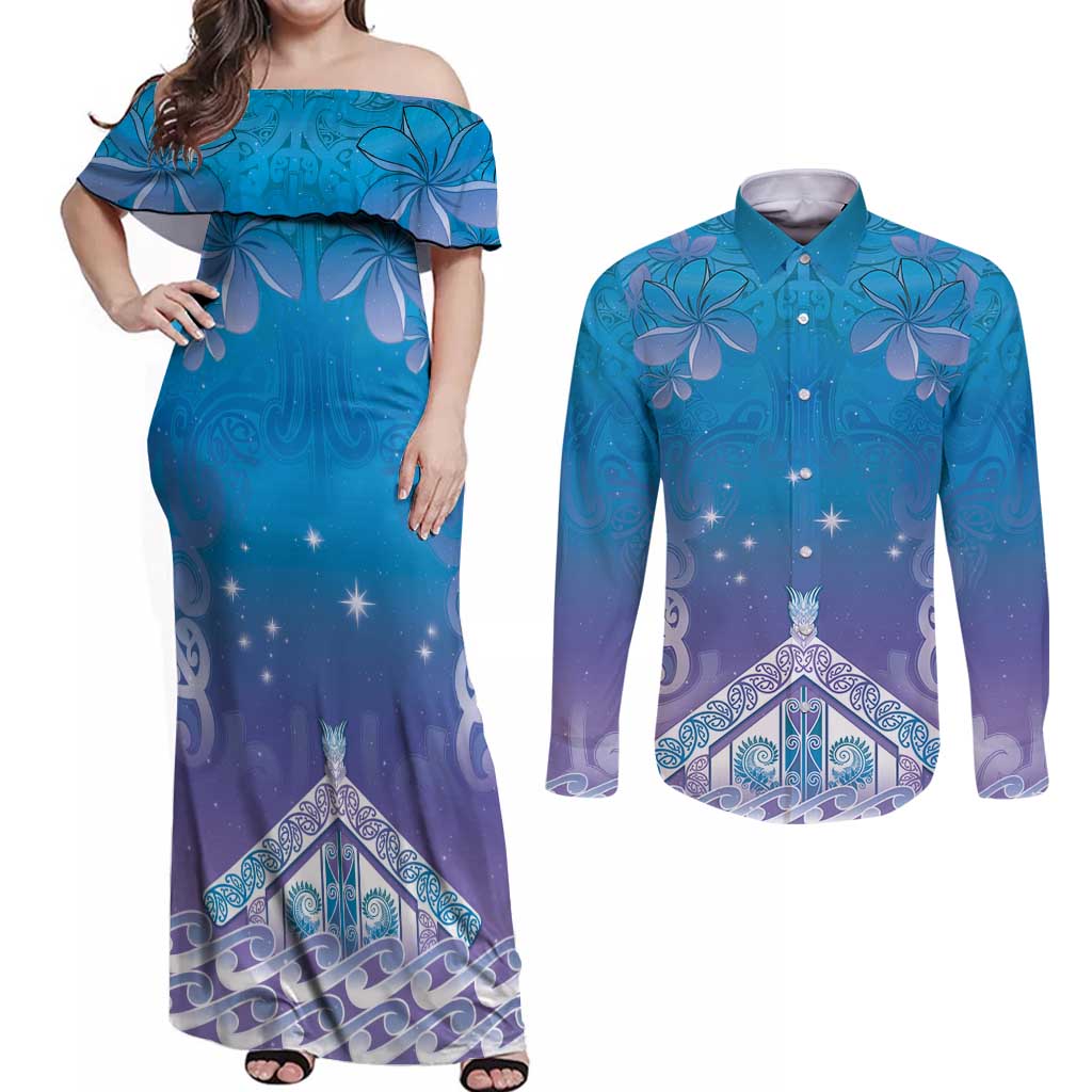 New Zealand Matariki Couples Matching Off Shoulder Maxi Dress and Long Sleeve Button Shirt Maori Marae Cyan Galaxy LT05 Cyan - Polynesian Pride