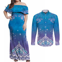 New Zealand Matariki Couples Matching Off Shoulder Maxi Dress and Long Sleeve Button Shirt Maori Marae Cyan Galaxy LT05 Cyan - Polynesian Pride