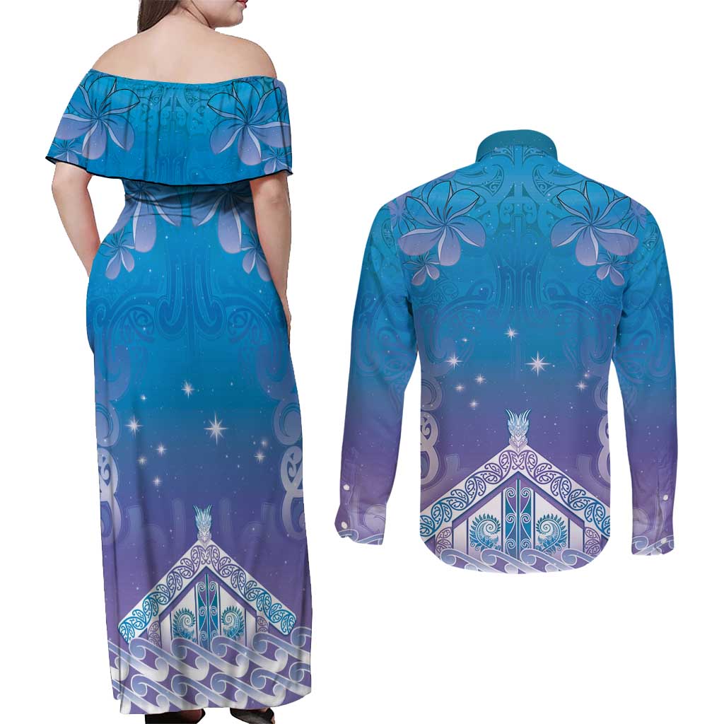 New Zealand Matariki Couples Matching Off Shoulder Maxi Dress and Long Sleeve Button Shirt Maori Marae Cyan Galaxy LT05 - Polynesian Pride