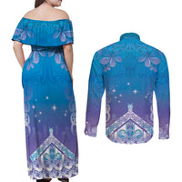 New Zealand Matariki Couples Matching Off Shoulder Maxi Dress and Long Sleeve Button Shirt Maori Marae Cyan Galaxy LT05 - Polynesian Pride