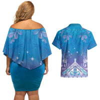 New Zealand Matariki Couples Matching Off Shoulder Short Dress and Hawaiian Shirt Maori Marae Cyan Galaxy LT05 - Polynesian Pride