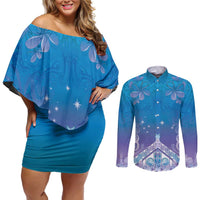 New Zealand Matariki Couples Matching Off Shoulder Short Dress and Long Sleeve Button Shirt Maori Marae Cyan Galaxy LT05 Cyan - Polynesian Pride