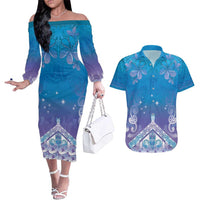 New Zealand Matariki Couples Matching Off The Shoulder Long Sleeve Dress and Hawaiian Shirt Maori Marae Cyan Galaxy LT05 Cyan - Polynesian Pride