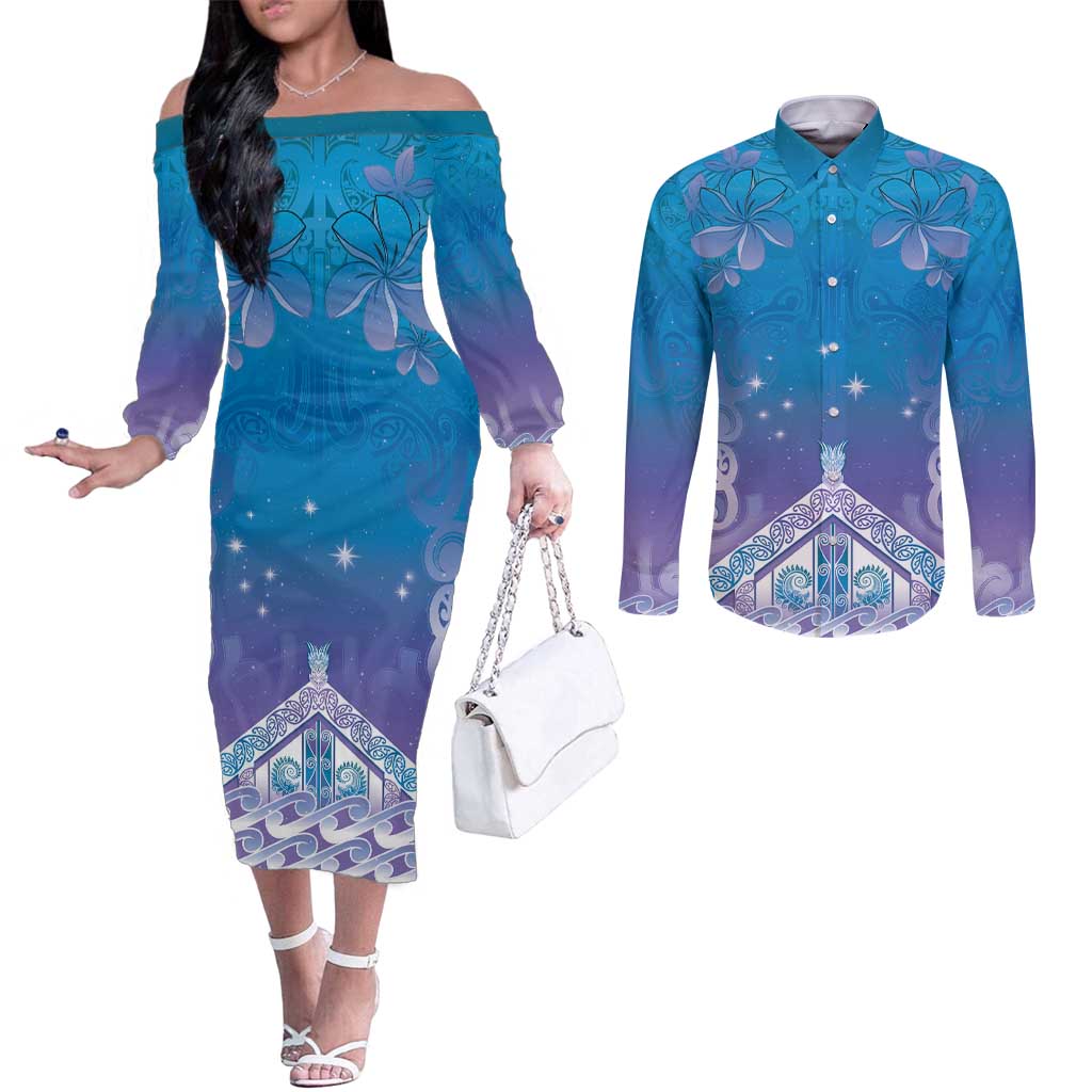 New Zealand Matariki Couples Matching Off The Shoulder Long Sleeve Dress and Long Sleeve Button Shirt Maori Marae Cyan Galaxy LT05 Cyan - Polynesian Pride