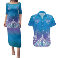 New Zealand Matariki Couples Matching Puletasi and Hawaiian Shirt Maori Marae Cyan Galaxy LT05 Cyan - Polynesian Pride
