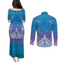 New Zealand Matariki Couples Matching Puletasi and Long Sleeve Button Shirt Maori Marae Cyan Galaxy LT05 - Polynesian Pride