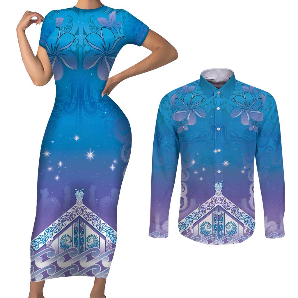 New Zealand Matariki Couples Matching Short Sleeve Bodycon Dress and Long Sleeve Button Shirt Maori Marae Cyan Galaxy LT05 Cyan - Polynesian Pride