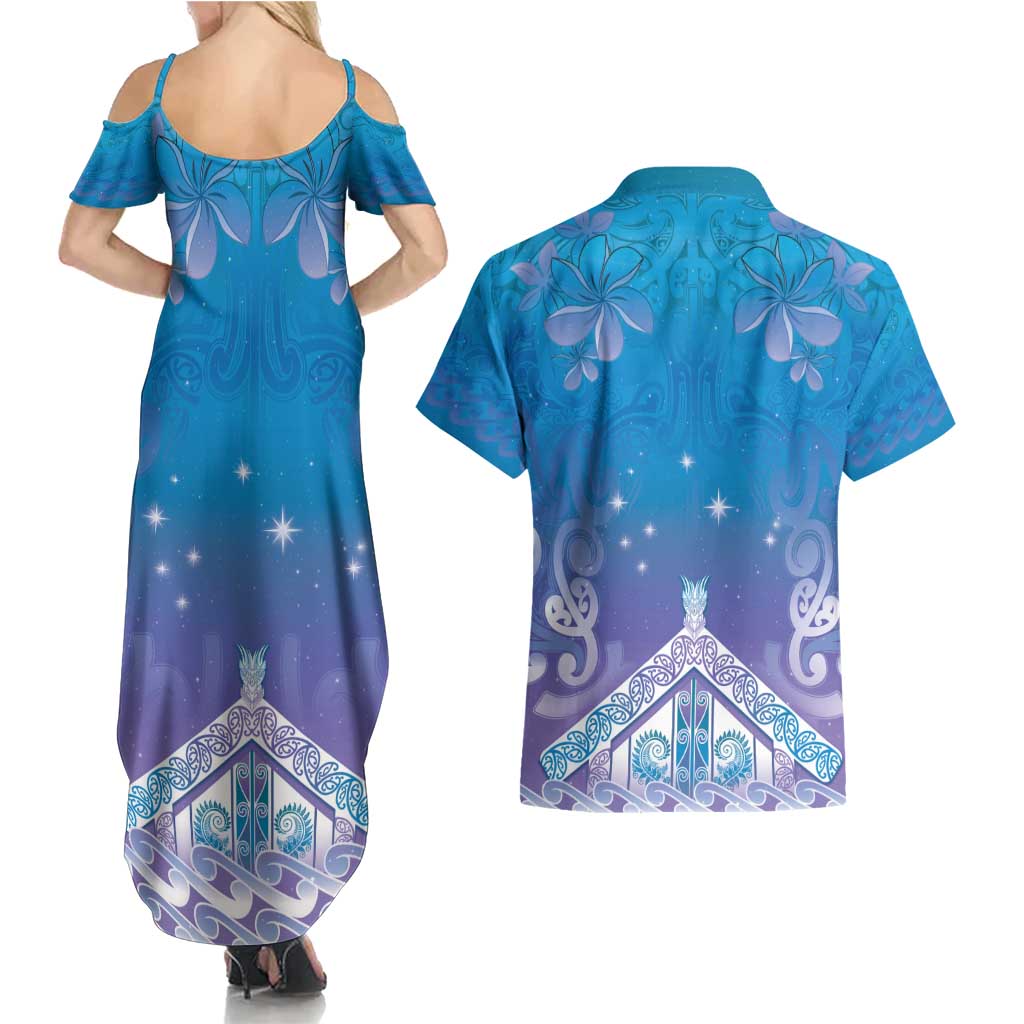 New Zealand Matariki Couples Matching Summer Maxi Dress and Hawaiian Shirt Maori Marae Cyan Galaxy LT05 - Polynesian Pride