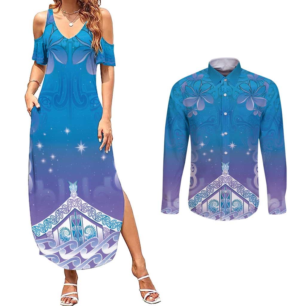 New Zealand Matariki Couples Matching Summer Maxi Dress and Long Sleeve Button Shirt Maori Marae Cyan Galaxy LT05 Cyan - Polynesian Pride
