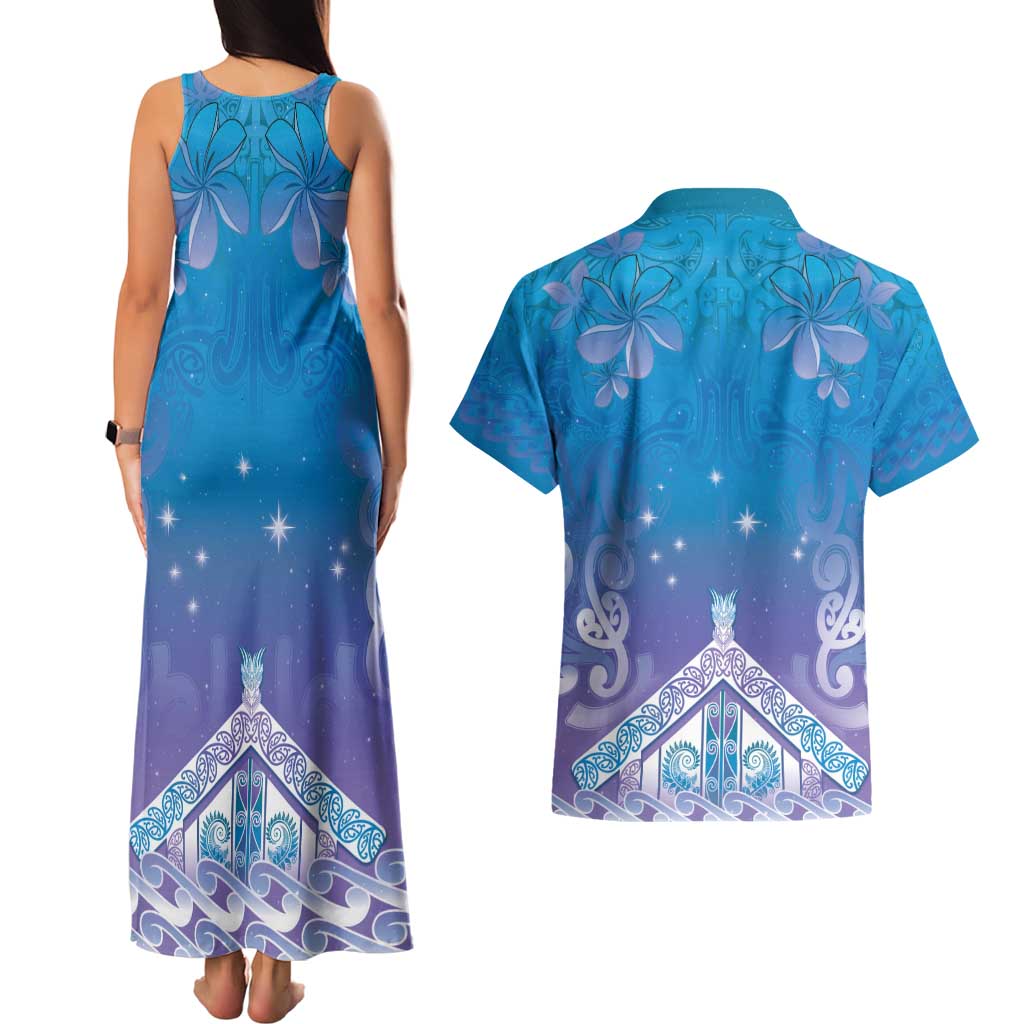 New Zealand Matariki Couples Matching Tank Maxi Dress and Hawaiian Shirt Maori Marae Cyan Galaxy LT05 - Polynesian Pride