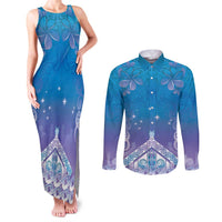 New Zealand Matariki Couples Matching Tank Maxi Dress and Long Sleeve Button Shirt Maori Marae Cyan Galaxy LT05 Cyan - Polynesian Pride