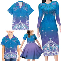 New Zealand Matariki Family Matching Long Sleeve Bodycon Dress and Hawaiian Shirt Maori Marae Cyan Galaxy LT05 - Polynesian Pride