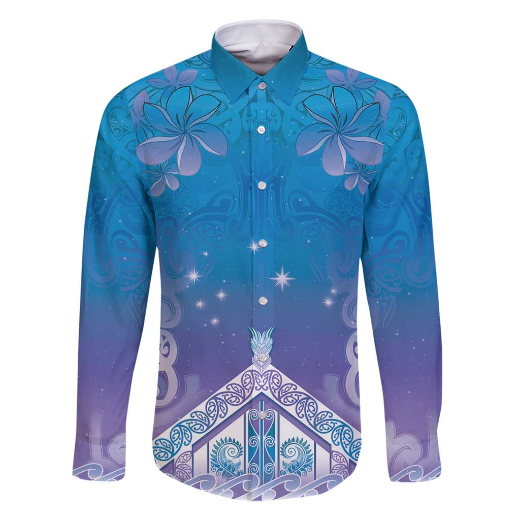 New Zealand Matariki Family Matching Mermaid Dress and Hawaiian Shirt Maori Marae Cyan Galaxy LT05 Dad's Shirt - Long Sleeve Cyan - Polynesian Pride