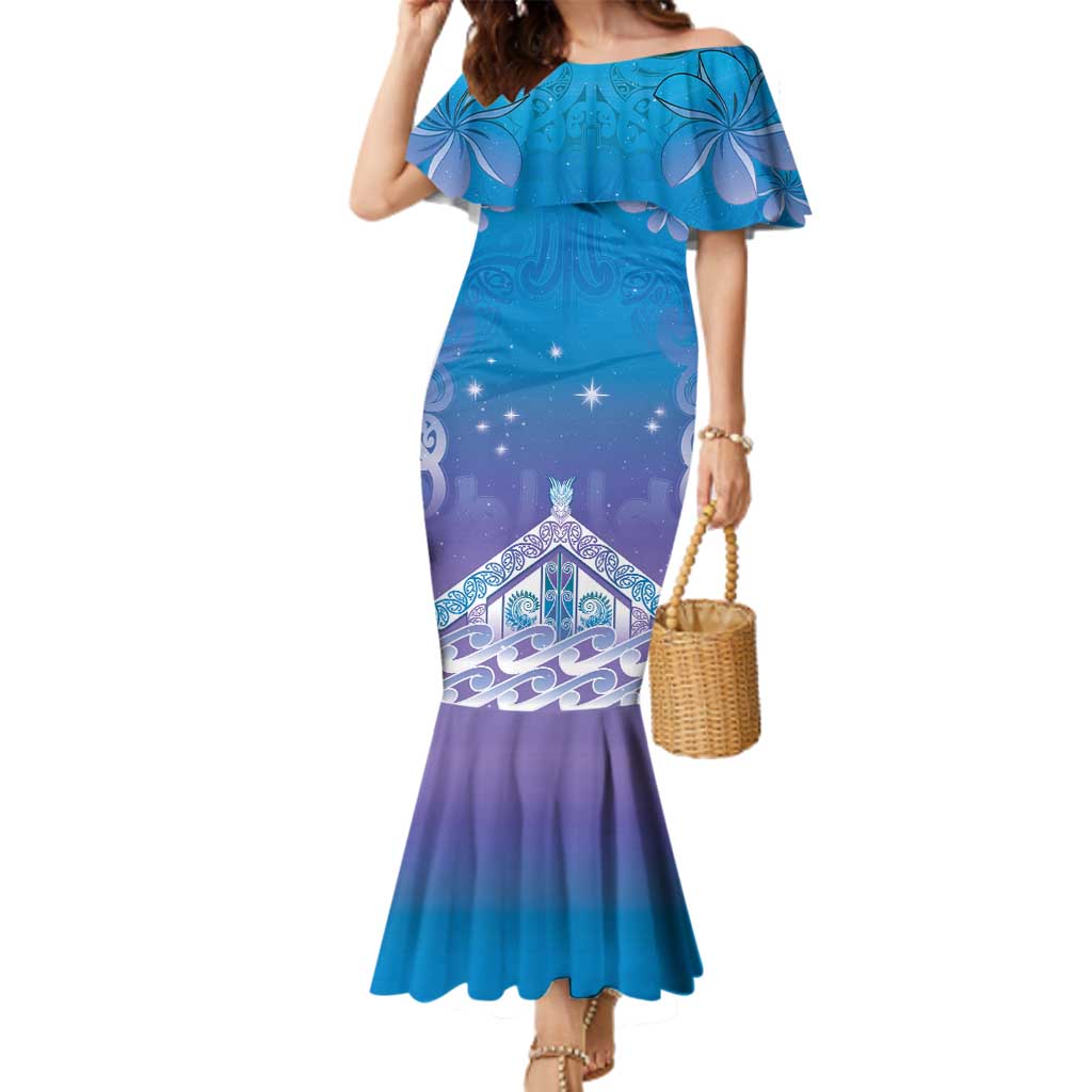 New Zealand Matariki Family Matching Mermaid Dress and Hawaiian Shirt Maori Marae Cyan Galaxy LT05 Mom's Dress Cyan - Polynesian Pride