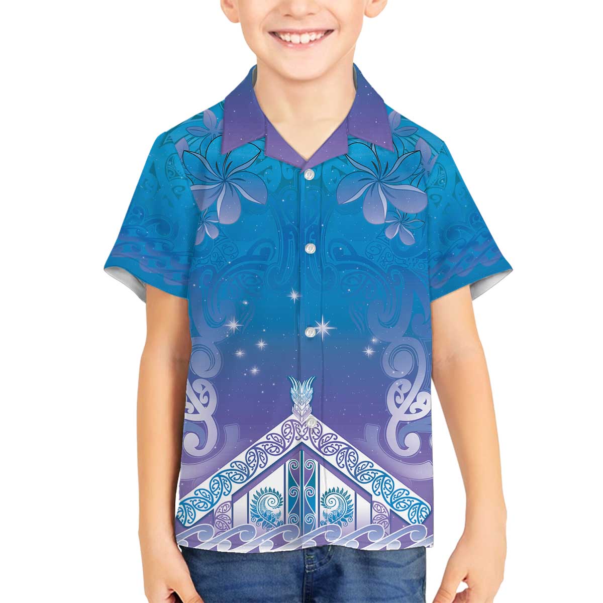 New Zealand Matariki Family Matching Off The Shoulder Long Sleeve Dress and Hawaiian Shirt Maori Marae Cyan Galaxy LT05 Son's Shirt Cyan - Polynesian Pride