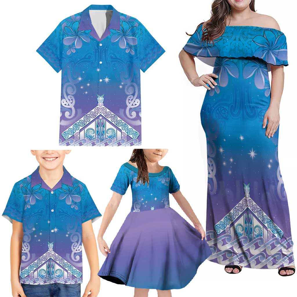 New Zealand Matariki Family Matching Off Shoulder Maxi Dress and Hawaiian Shirt Maori Marae Cyan Galaxy LT05 - Polynesian Pride