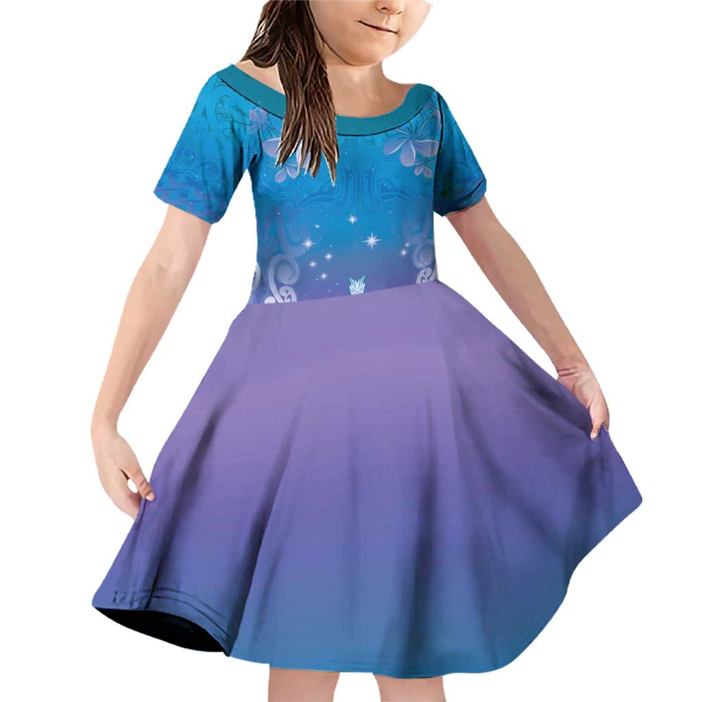 New Zealand Matariki Family Matching Off Shoulder Short Dress and Hawaiian Shirt Maori Marae Cyan Galaxy LT05 Daughter's Dress Cyan - Polynesian Pride