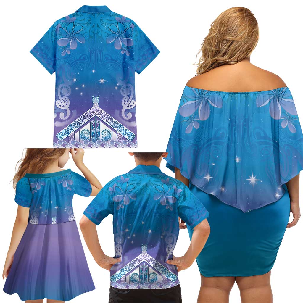 New Zealand Matariki Family Matching Off Shoulder Short Dress and Hawaiian Shirt Maori Marae Cyan Galaxy LT05 - Polynesian Pride