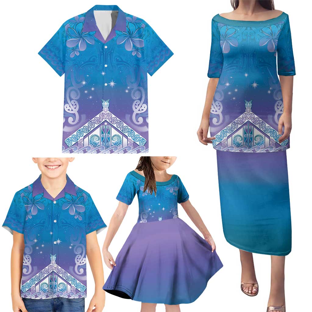 New Zealand Matariki Family Matching Puletasi and Hawaiian Shirt Maori Marae Cyan Galaxy LT05 - Polynesian Pride