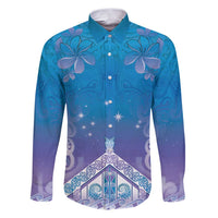 New Zealand Matariki Family Matching Puletasi and Hawaiian Shirt Maori Marae Cyan Galaxy LT05 Dad's Shirt - Long Sleeve Cyan - Polynesian Pride