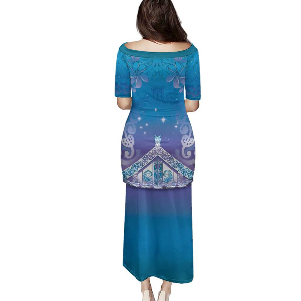 New Zealand Matariki Family Matching Puletasi and Hawaiian Shirt Maori Marae Cyan Galaxy LT05 - Polynesian Pride