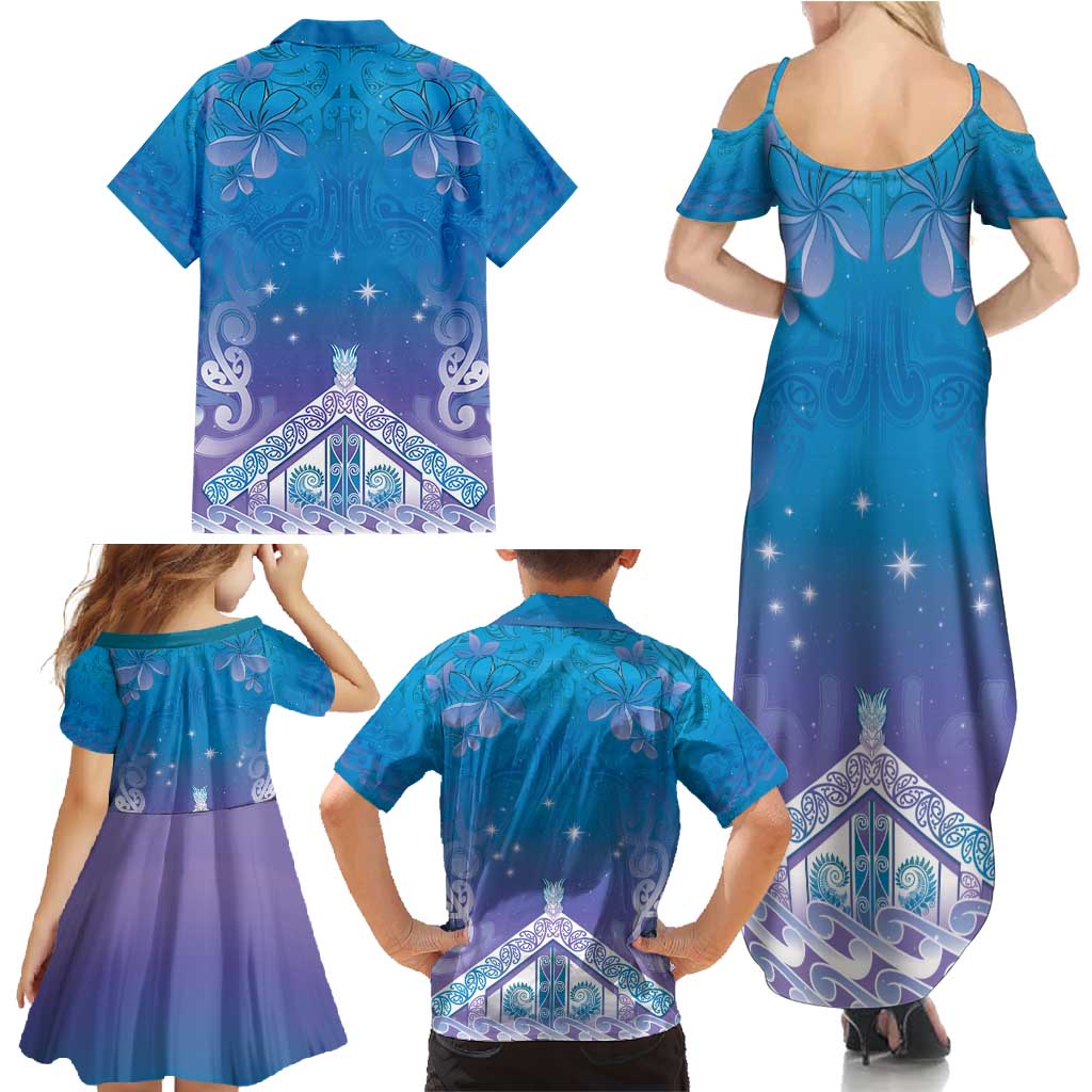 New Zealand Matariki Family Matching Summer Maxi Dress and Hawaiian Shirt Maori Marae Cyan Galaxy LT05 - Polynesian Pride