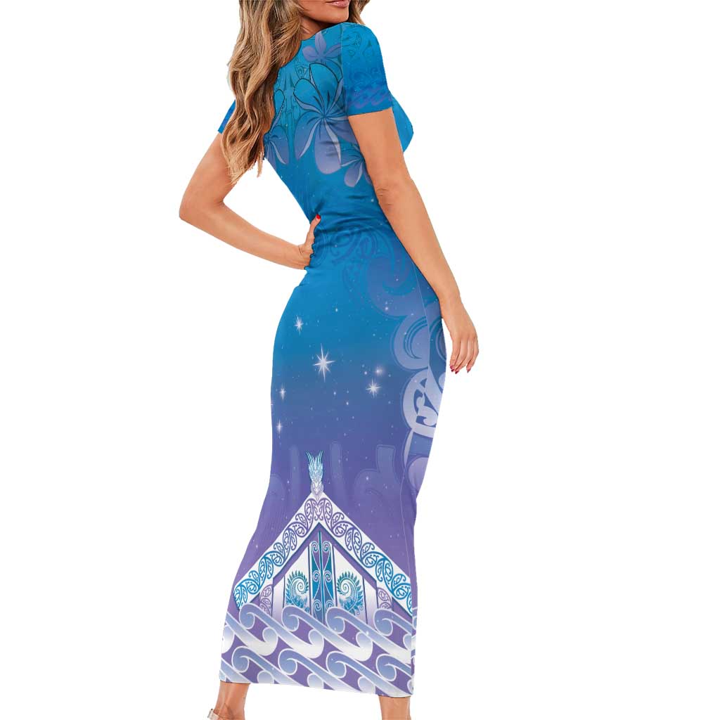 New Zealand Matariki Short Sleeve Bodycon Dress Maori Marae Cyan Galaxy LT05 - Polynesian Pride