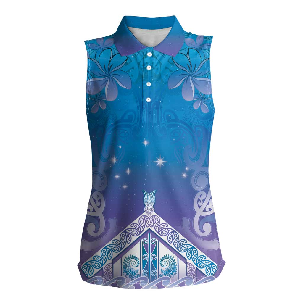 New Zealand Matariki Women Sleeveless Polo Shirt Maori Marae Cyan Galaxy LT05 Female Cyan - Polynesian Pride