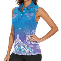 New Zealand Matariki Women Sleeveless Polo Shirt Maori Marae Cyan Galaxy LT05 - Polynesian Pride