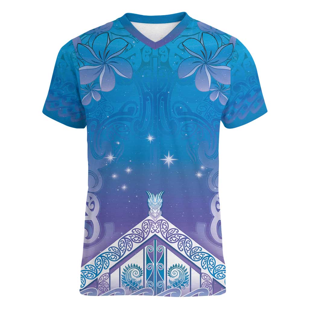 New Zealand Matariki Women V-Neck T-Shirt Maori Marae Cyan Galaxy LT05 Female Cyan - Polynesian Pride