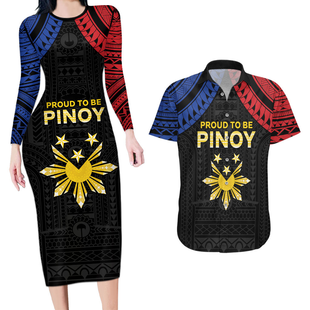 Philippines Independence Day Couples Matching Long Sleeve Bodycon Dress and Hawaiian Shirt Proud To Be Pinoy