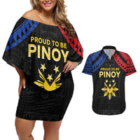 Philippines Independence Day Couples Matching Off Shoulder Short Dress and Hawaiian Shirt Proud To Be Pinoy LT05 Black - Polynesian Pride