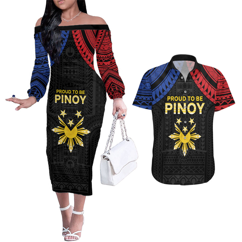 Philippines Independence Day Couples Matching Off The Shoulder Long Sleeve Dress and Hawaiian Shirt Proud To Be Pinoy
