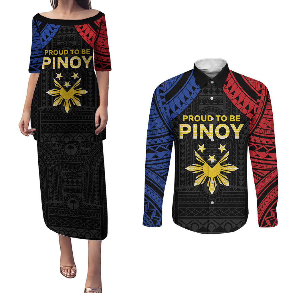 Philippines Independence Day Couples Matching Puletasi and Long Sleeve Button Shirt Proud To Be Pinoy LT05 Black - Polynesian Pride