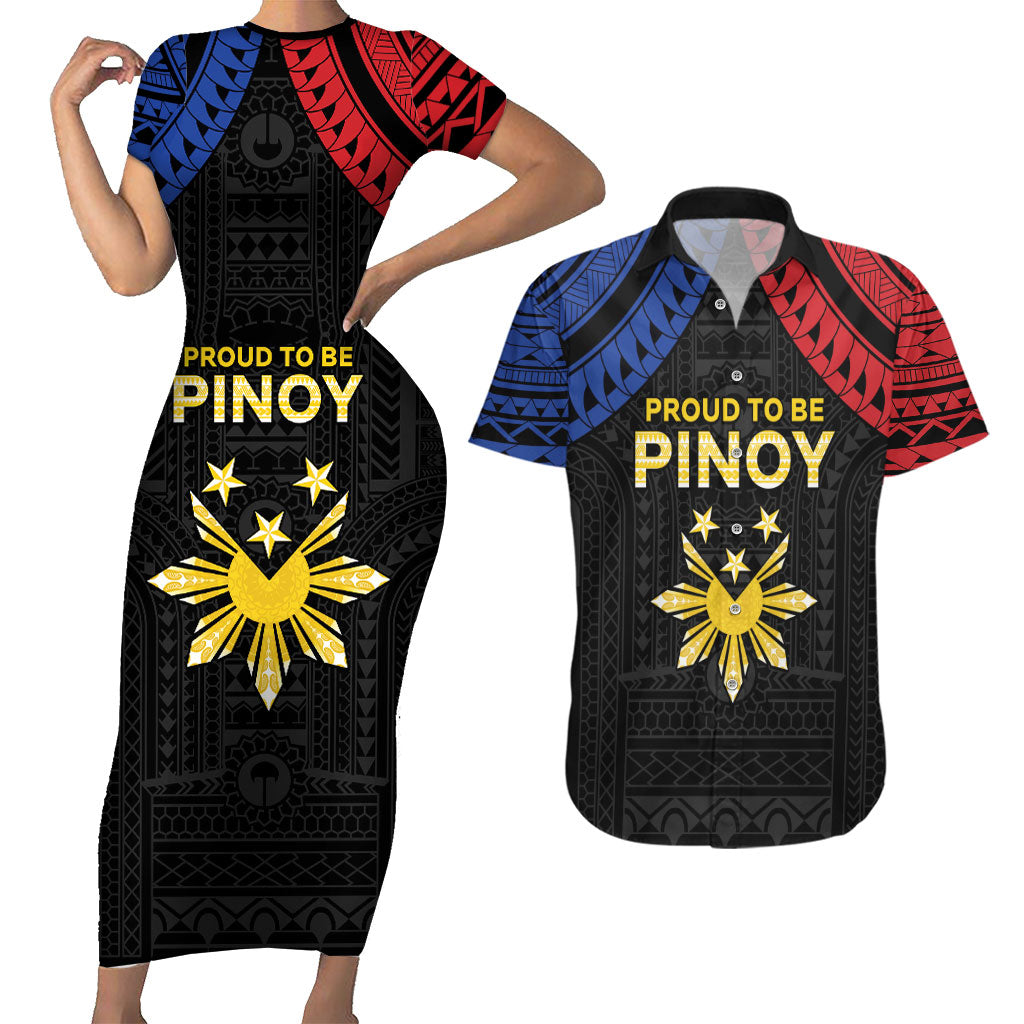 Philippines Independence Day Couples Matching Short Sleeve Bodycon Dress and Hawaiian Shirt Proud To Be Pinoy LT05 Black - Polynesian Pride