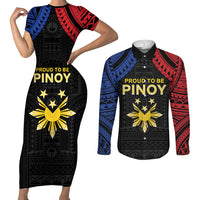 Philippines Independence Day Couples Matching Short Sleeve Bodycon Dress and Long Sleeve Button Shirt Proud To Be Pinoy LT05 Black - Polynesian Pride