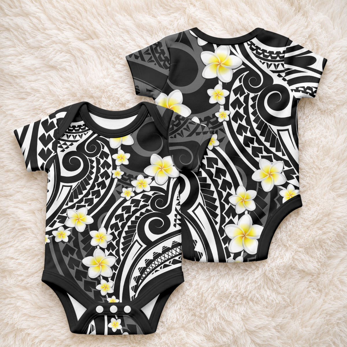 Plumeria With Black Polynesian Tattoo Pattern Baby Onesie