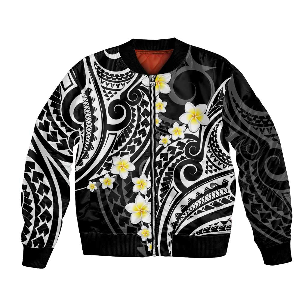 Plumeria With Black Polynesian Tattoo Pattern Bomber Jacket LT05 Unisex Black - Polynesian Pride