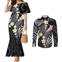 Plumeria With Black Polynesian Tattoo Pattern Couples Matching Mermaid Dress and Long Sleeve Button Shirt LT05 Black - Polynesian Pride