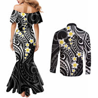 Plumeria With Black Polynesian Tattoo Pattern Couples Matching Mermaid Dress and Long Sleeve Button Shirt LT05 - Polynesian Pride