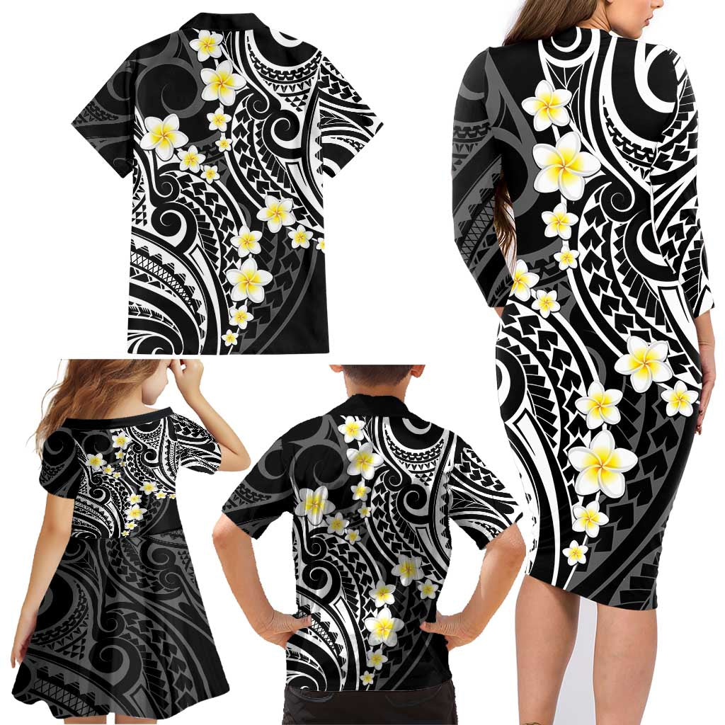 Plumeria With Black Polynesian Tattoo Pattern Family Matching Long Sleeve Bodycon Dress and Hawaiian Shirt LT05 - Polynesian Pride